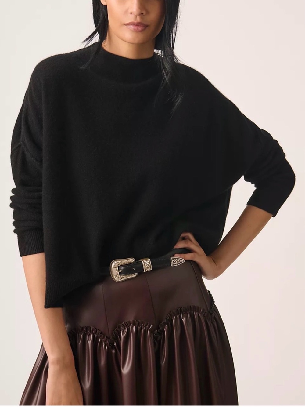 Pilcro Alani 100% Cashmere Mock-Neck Long Sleeve Knit Sweater Black Small Cozy